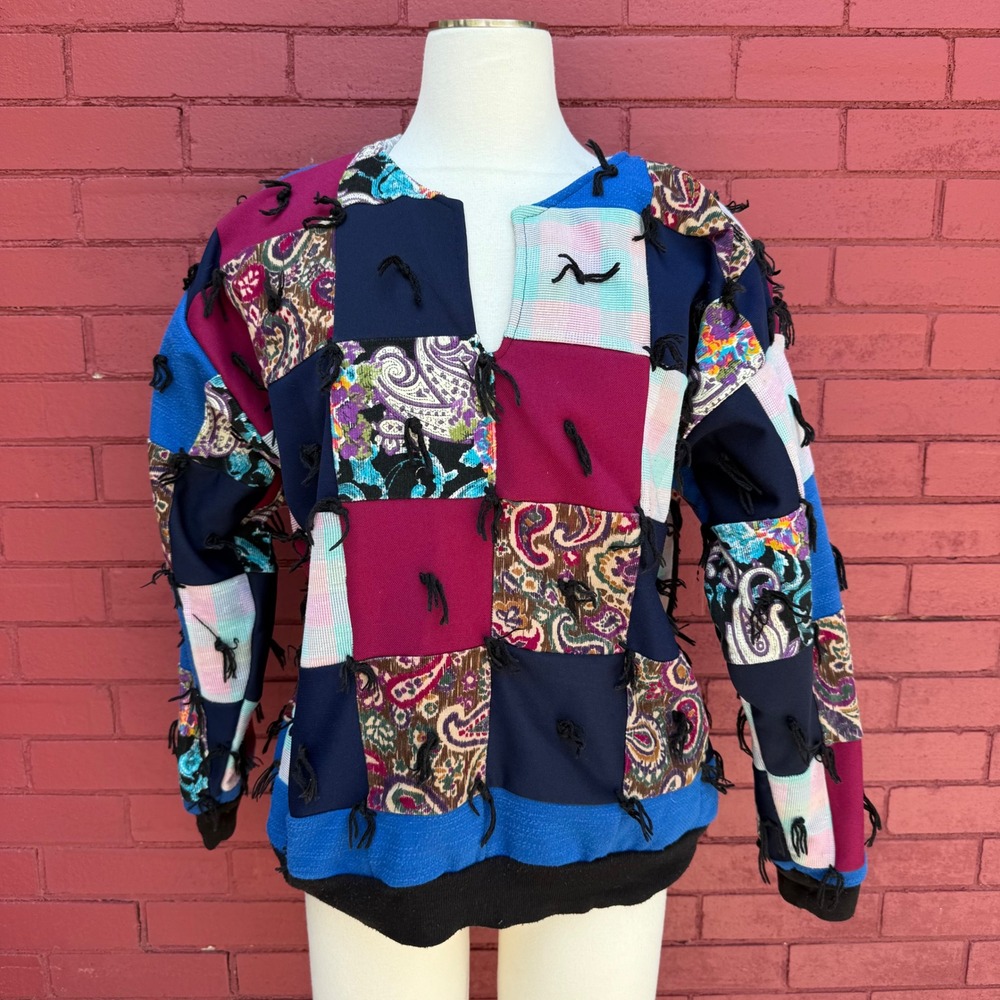 Vtg Handmade Patchwork Pulloverβ Top Multi Color Paisley Tassel Boho Womens XL